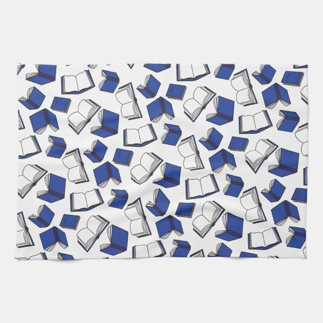 Blue Library Book Pattern Librarian Tea Towel (Horizontal)