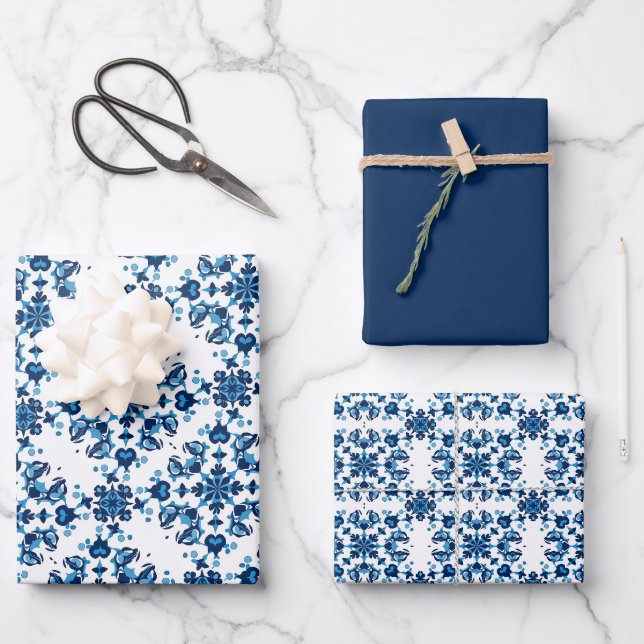 Blue, Light Blue & White Petal Pattern Wrapping Paper Sheet (Front)