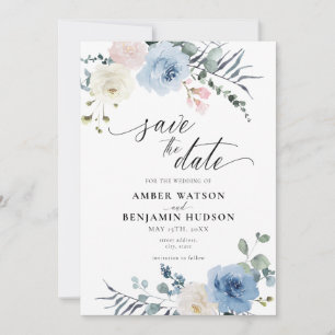 Blue Light Blush Pink Beach Floral Save The Date Invitation