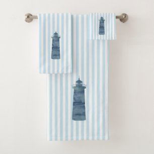 Blue Lighthouse Blue Stripe Nautical Bath Towel Set