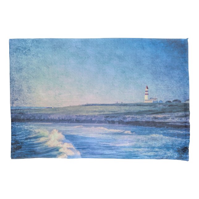 Blue lighthouse in evening and ocean waves pillowcase (Front)