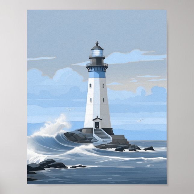 Blue lighthouse on the ocean poster (Front)