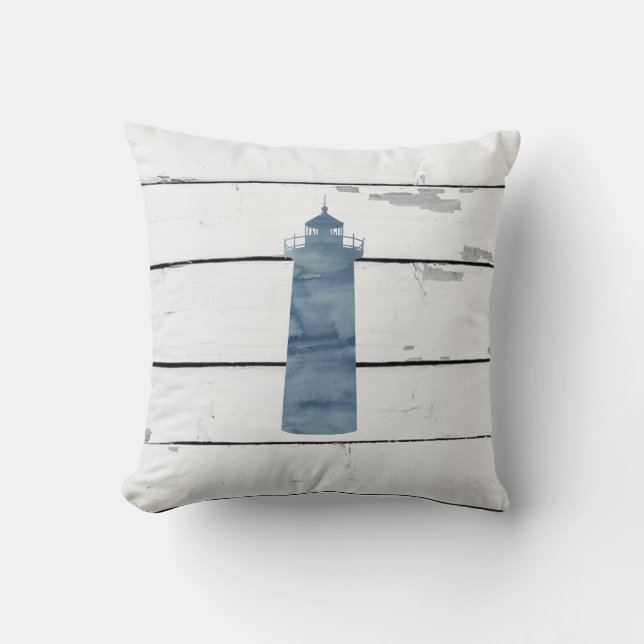 Blue Lighthouse Painting Nautical Throw Pillow (Front)