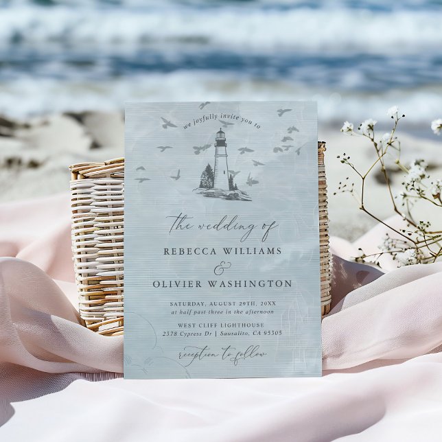 Blue Lighthouse & Seagulls Nautical Beach Wedding Invitation (Creator Uploaded)