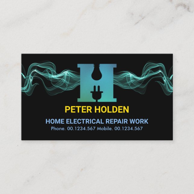 Blue Lightning Electric Wave Letter-H Electrician Business Card (Front)