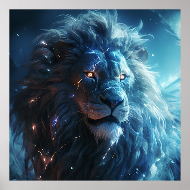 Blue Lightning Lion Face Art Poster (Front)