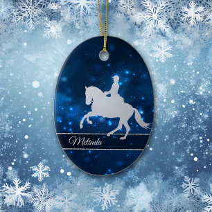Blue Lights Silver Silhouette Equestrian Rider Ceramic Ornament