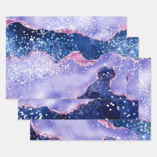 Blue & Lilac and Faux Rose Gold Glitter Agate Wrapping Paper Sheet