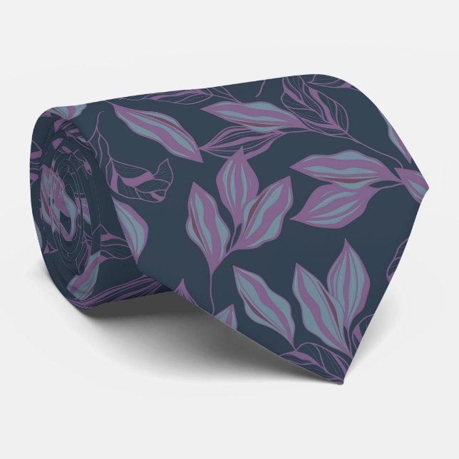Blue Lilac Stylised Leaves Pattern Necktie (Rolled)