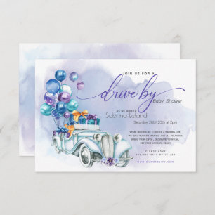 Blue Lilac Vintage Car Drive-By Baby Shower Invitation