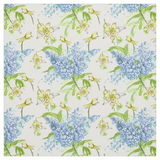 Blue Lilacs Yellow Columbine Watercolor Flowers Fabric (Swatch)