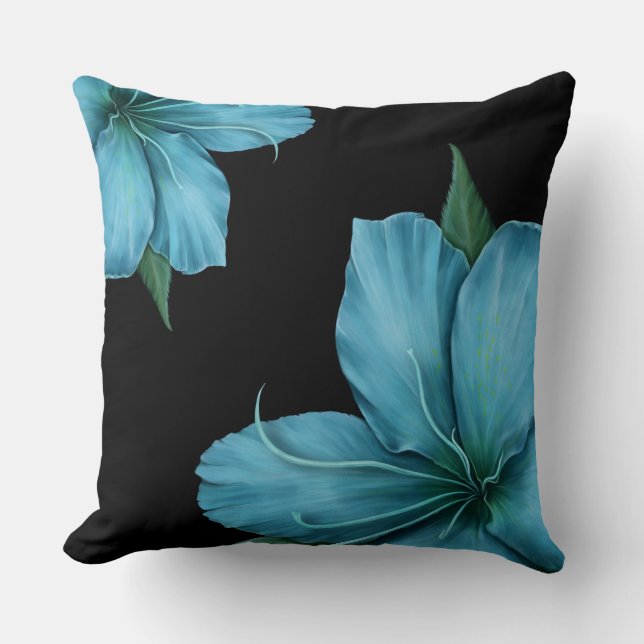 Blue Lilies on Black Cushion (Front)