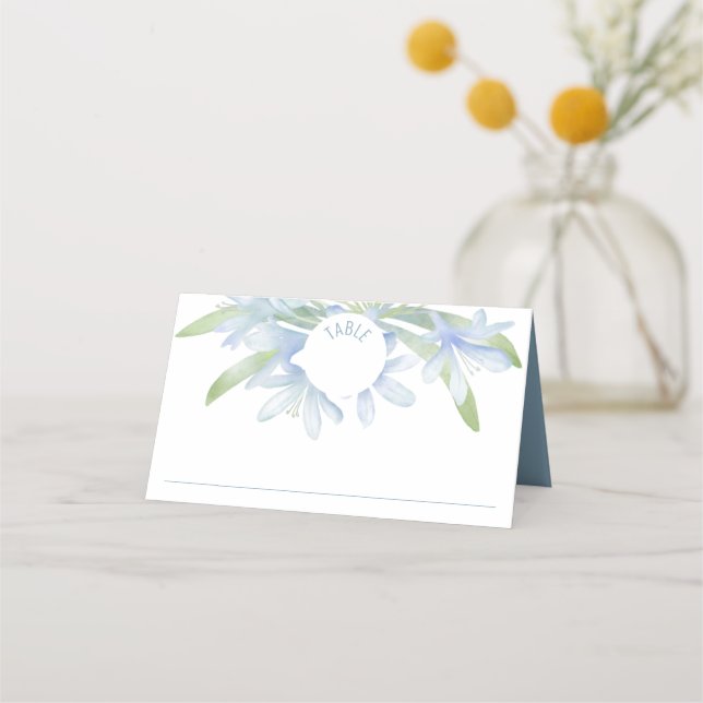 Blue Lilies Watercolor Wedding Place Card (Front)