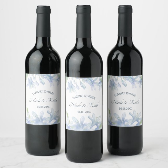 Blue Lilies Watercolor Wedding Wine Label (Bottles)