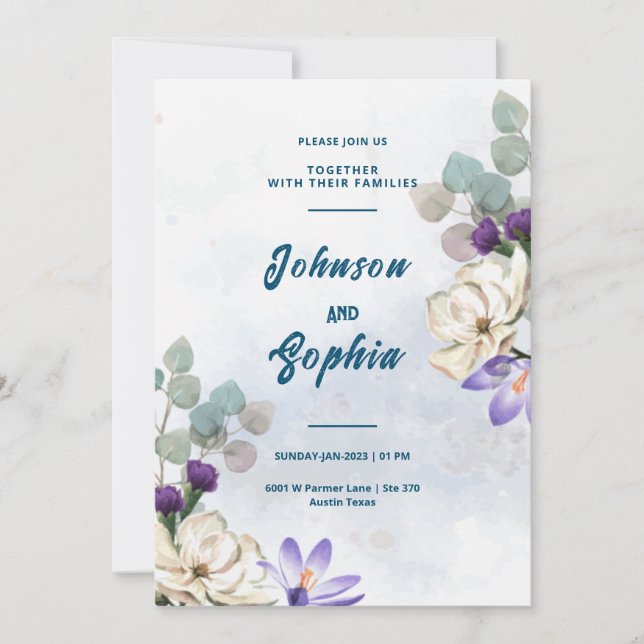 Blue Lilies Wedding Card Design (Front)