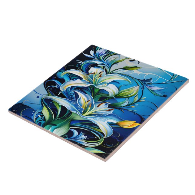 Blue Lily Floral Design With Swirling Patterns Ceramic Tile (Side)