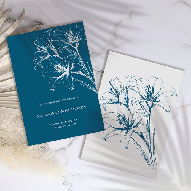 Blue Lily Outline Wedding Save The Date (Creator Uploaded)