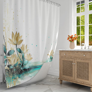 Blue Lily Serenity: Watercolor Teal and Gold Shower Curtain