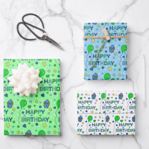 Blue, Lime Green and White Boy's Happy Birthday Wrapping Paper Sheet