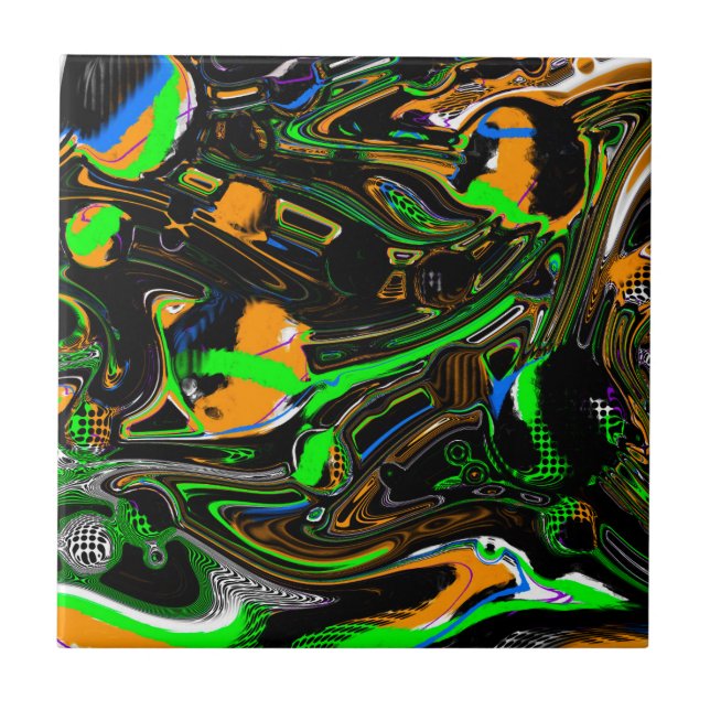 Blue, Lime Green, Orange, Black and White Abstract Ceramic Tile (Front)