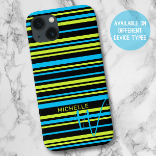 Blue Lime Green Simple Stripes Pattern Monogram iPhone 13 Case