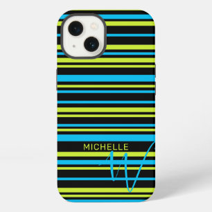 Blue Lime Green Simple Stripes Pattern Monogram iPhone 13 Case