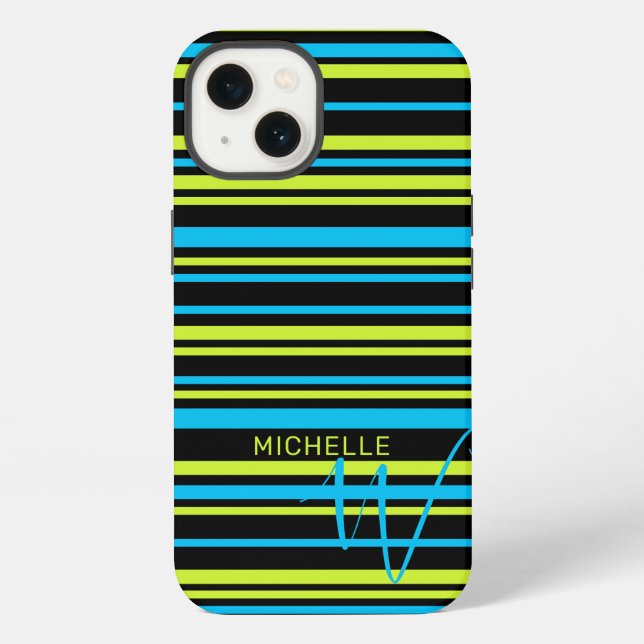 Blue Lime Green Simple Stripes Pattern Monogram iPhone Case (Back)