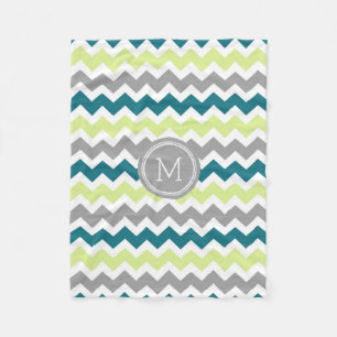 Blue Lime Grey Chevron Pattern Monogram Blanket