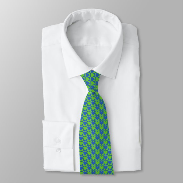 Blue / Lime Heart Pattern custom tie (Tied)