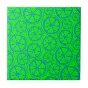 Blue Lime Lemon Pattern with Neon Green Background Ceramic Tile