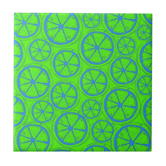 Blue Lime Lemon Pattern with Neon Green Background Ceramic Tile (Front)
