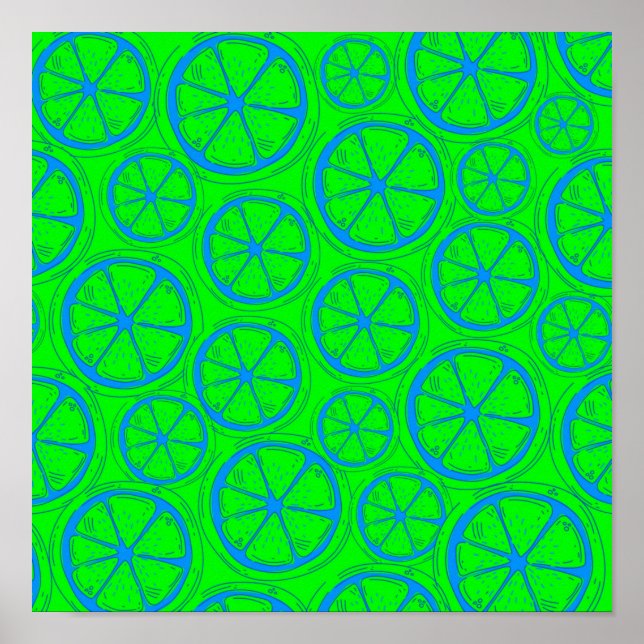 Blue Lime Lemon Pattern with Neon Green Background Poster (Front)