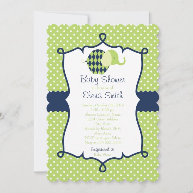 Blue & Lime Polka Dot Elephant Baby Shower Invitation (Front)