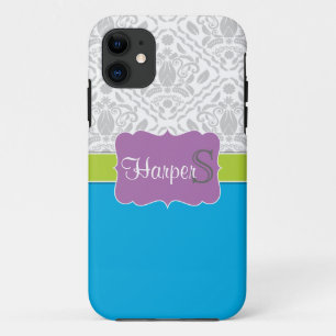 Blue Lime Purple monogrammed damask iPhone 5 case