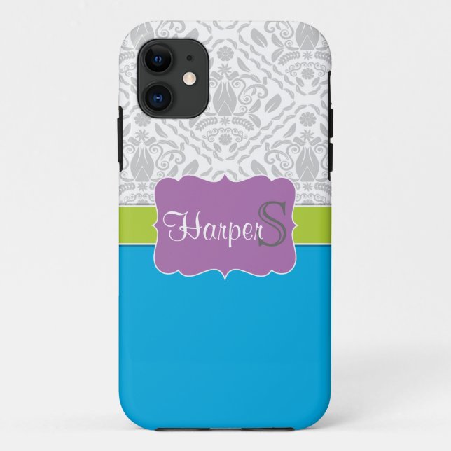 Blue Lime Purple monogrammed damask iPhone 5 case (Back)