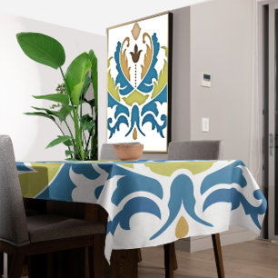 Blue Lime Tan Brown Vintage Floral Pattern Tablecloth