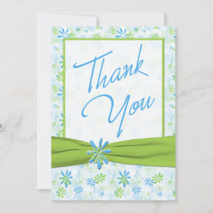 Blue, Lime, White with Lime Faux Ribbon Thank You Card