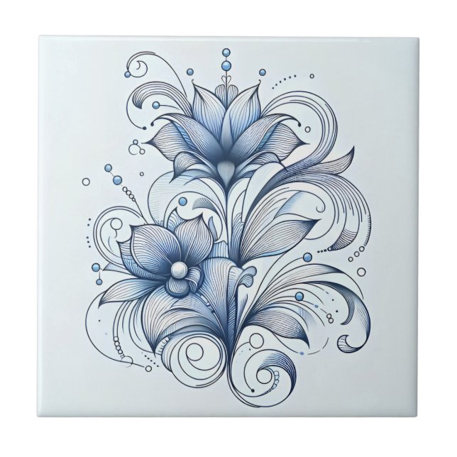 Blue Line Art Abstract Flower Decoration for Desig Ceramic Tile (Front)