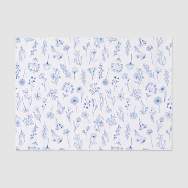 Blue Line Art Mixed Garden Sketch Flowers Tissue Paper (Front)