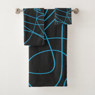 Blue Line Art on Black  Bath Towel Set