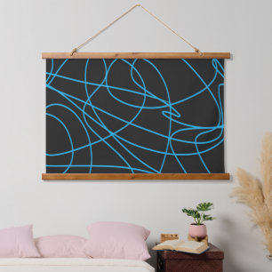 Blue Line Art on Black Hanging Tapestry