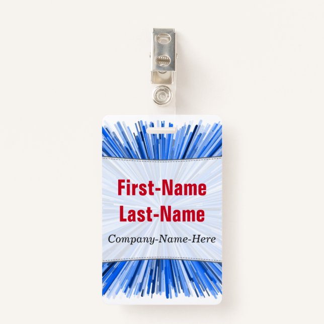 Blue Line Burst Pattern; Personalised Name Badge ID Badge (Front with Clip)