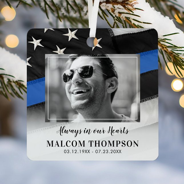 Blue Line Cop Photo Memorial Metal Tree Decoration (Creator Uploaded)
