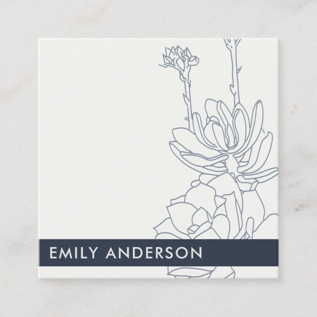 BLUE LINE DRAWING DESERT CACTI SUCCULENT FOLIAGE SQUARE BUSINESS CARD (Front)