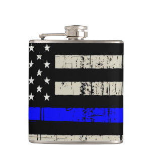 Blue Line Flag Poilice Support American USA Hip Flask