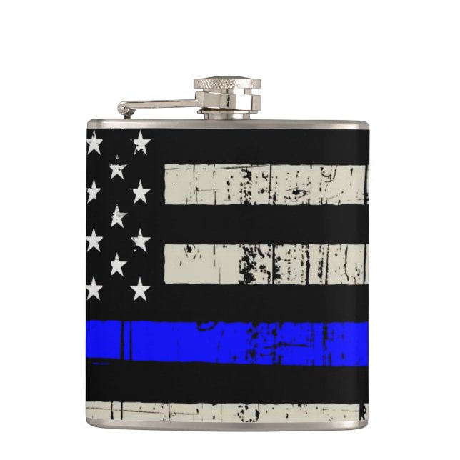 Blue Line Flag Poilice Support American USA Hip Flask (Front)