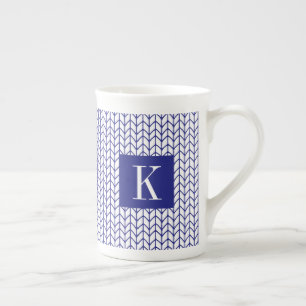 BLUE LINE KNIT Bone China Mug + Initial II