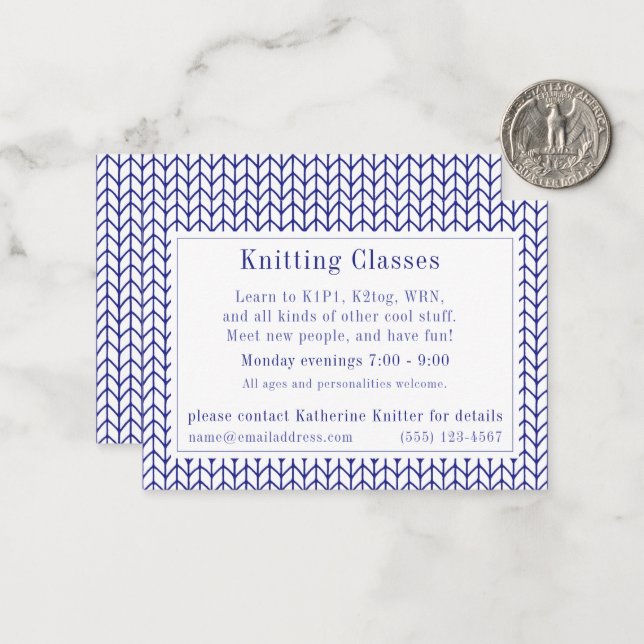 BLUE LINE KNIT "Knitting Classes" Business Card  (Front/Back In Situ)
