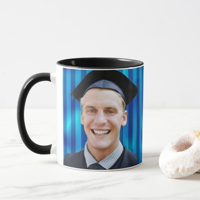 Blue Line Pattern Editable Portrait Men Graduation Mug (With Donut)