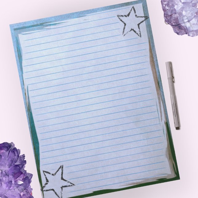 Blue Lined Paper Rustic Stars Chic Border Grunge Notepad (Creator Uploaded)